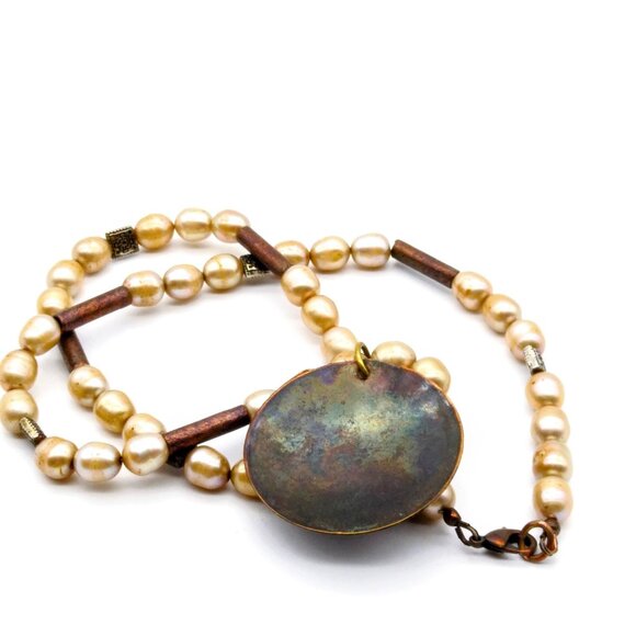 Vintage Baroque Pearl and Bronze Necklace, Metal Tube Beads and Embossed Disc - Picture 5 of 5